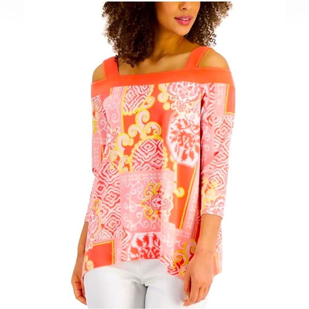 JM Collection Coral Pink Cold-Shoulder Tunic with Yellow Accents